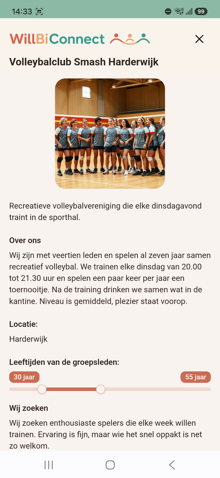 Groepspagina van een volleybalclub in de app