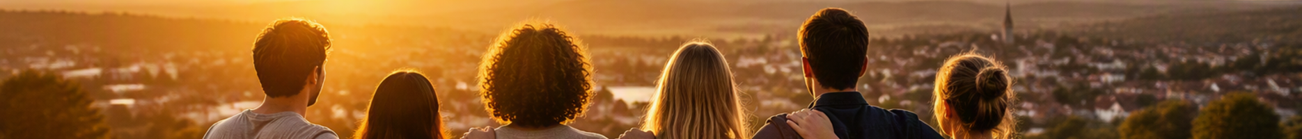 Groep vrienden kijkt bij zonsondergang uit over de stad