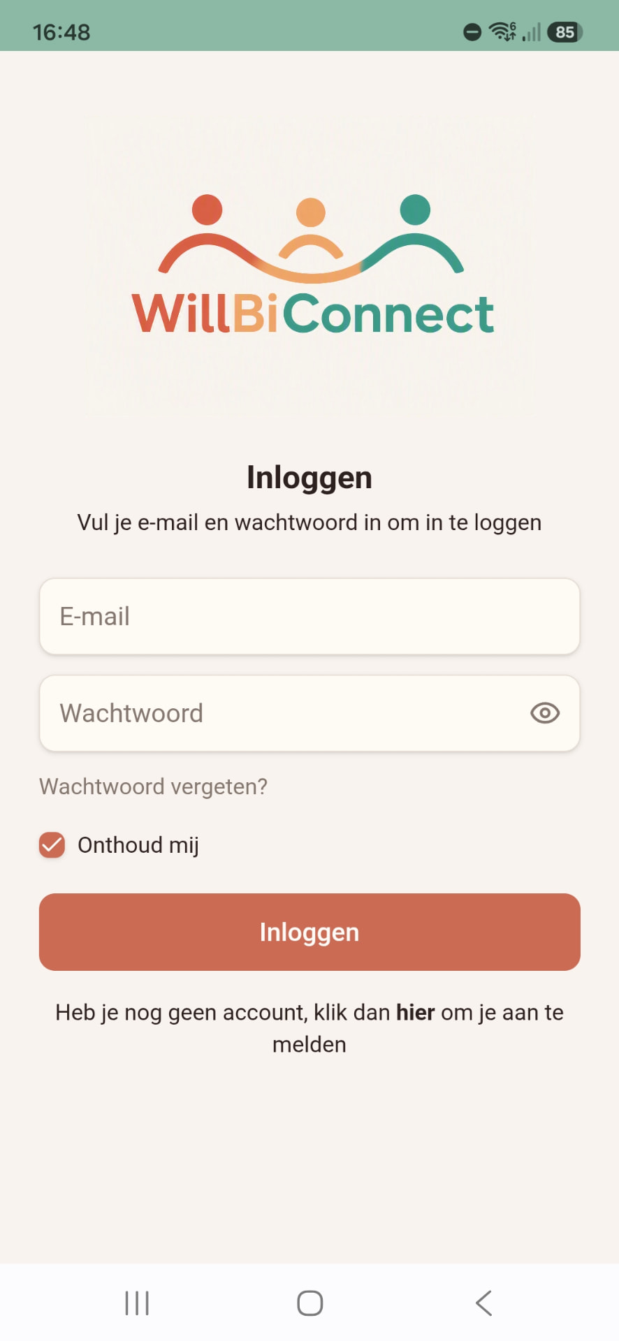 Inlogscherm van de WillBiConnect-app