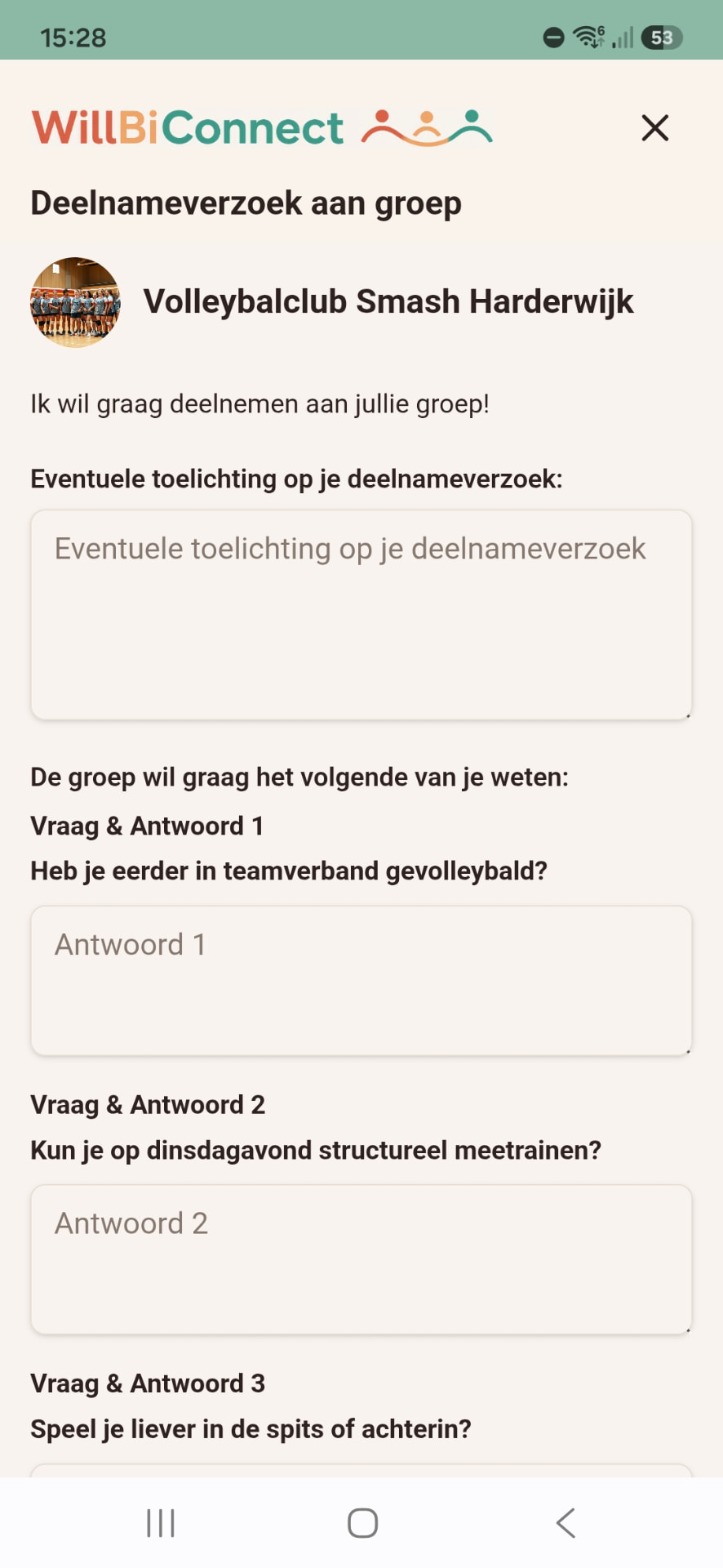 Deelnameverzoek met vragen van de groep